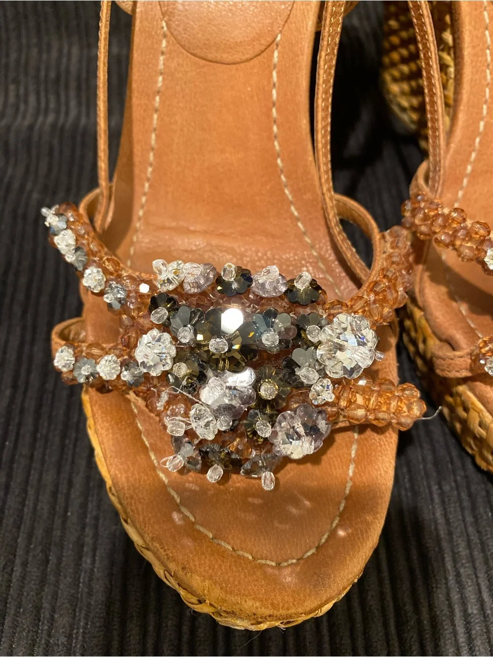 Prada Tan Crystal-Embellished Wedge Sandals